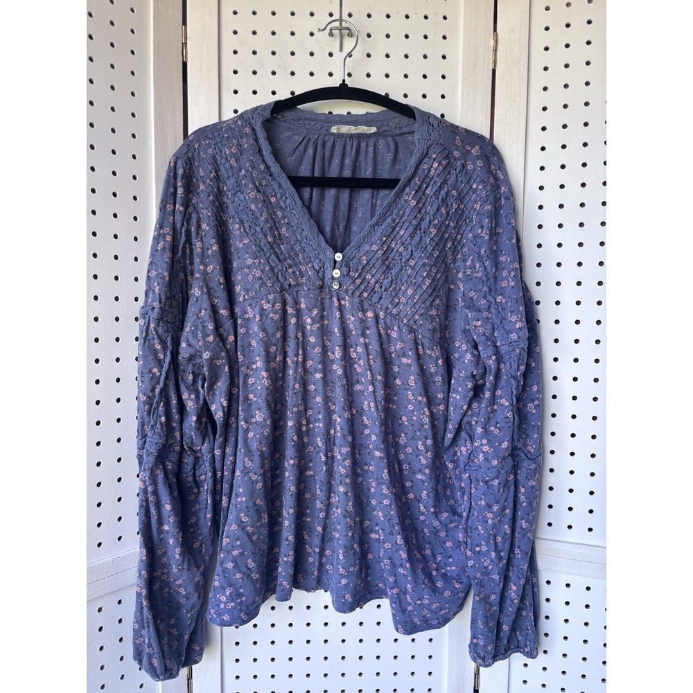 Lucky Brand Women's XXL‎ Boho Long SLV Floral Top V Neck Crochet Trim